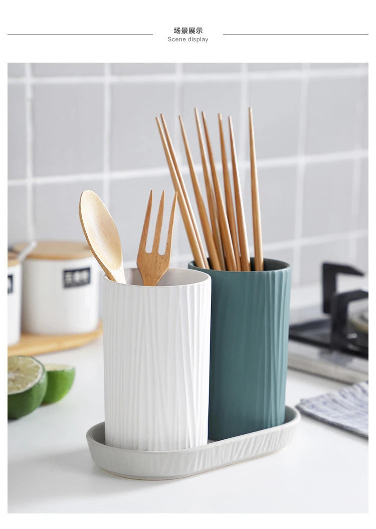 Nordic Kitchen Storage Chopsticks Tube Ceramic Chopsticks Tube with Drain Plate Household Chopsticks Cage Hotel Chopsticks Rack