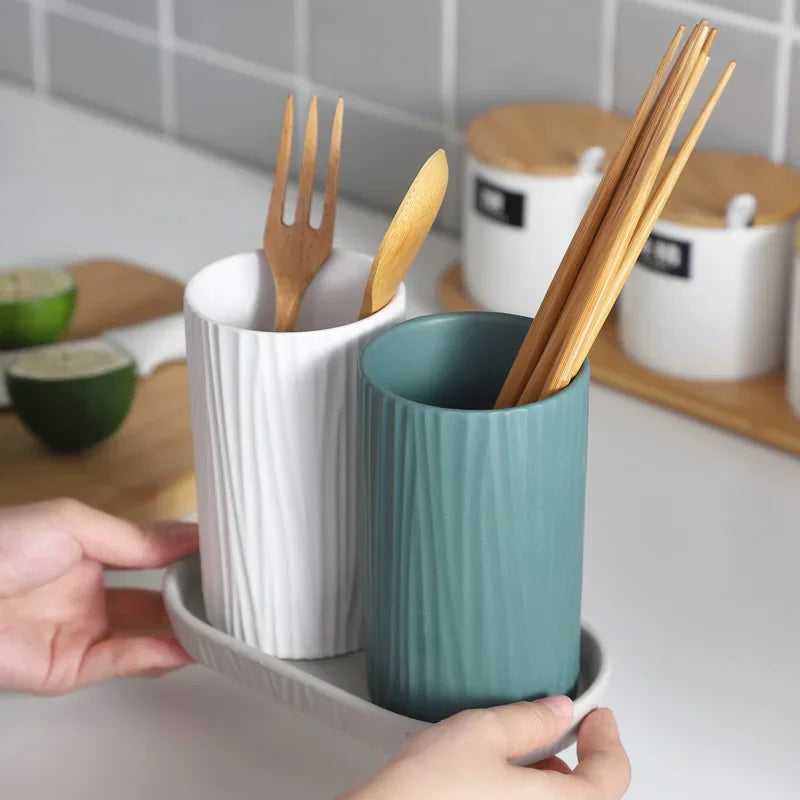 Nordic Kitchen Storage Chopsticks Tube Ceramic Chopsticks Tube with Drain Plate Household Chopsticks Cage Hotel Chopsticks Rack