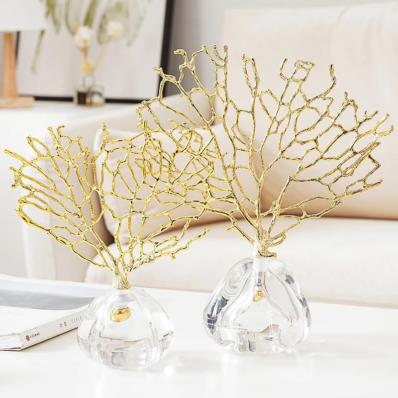 Nordic Luxury Metal Coral Decoration Gold-plated Crystal Base Living Room Exquisite Handicraft Home Furnishings