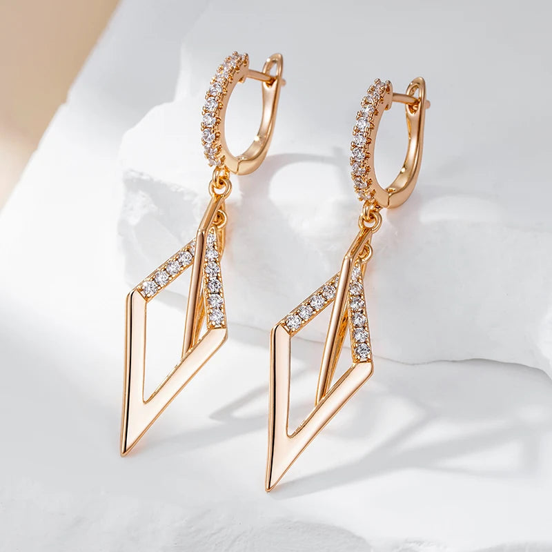 Kinel Fashion Glossy Hollow Rhombus Drop Earring for Women Unusual Natural Zircon 585 Rose Gold Color Daily Fine Ethnic Jewelry