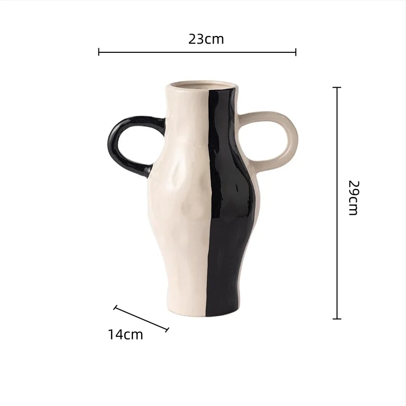 DecorBites™ Geometric Check Pattern Ceramic Vase with Handle for Home Decoration