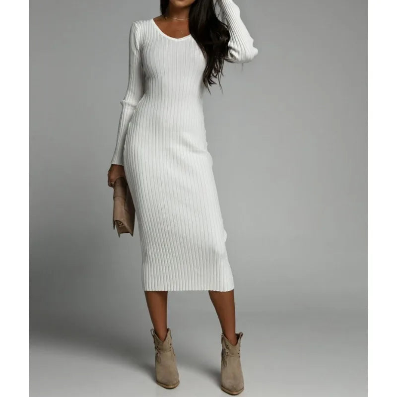 Women's V-Neck Solid Knitted Dress, Comfortable, Casual Clothing, Long Sleeved Dresses, Autumn, Winter, New Fashion