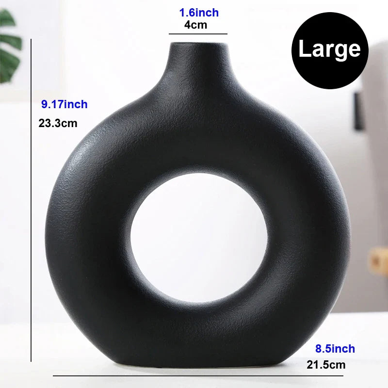 Nordic Ceramic Hollow Donut Vase - Modern Round Flower Pot for Home, Living Room & Office Decor