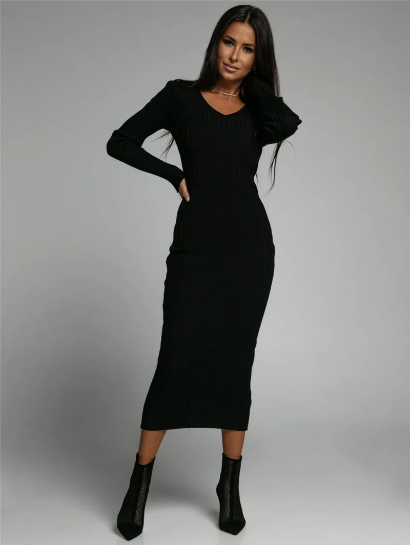 Women's V-Neck Solid Knitted Dress, Comfortable, Casual Clothing, Long Sleeved Dresses, Autumn, Winter, New Fashion