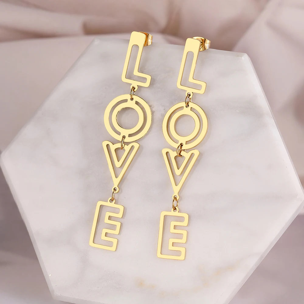 Stainless Steel Earrings 2025 Trend Fine Letters LOVE Hollow Pendants Earrings