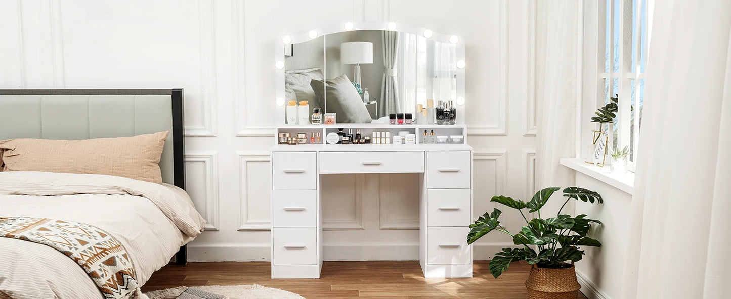 43.3" Vanity Desk with Large Lighted Mirror, 7 Drawers & 10 Lights Bulbs, 3 Lighting Colors, Vanity Table