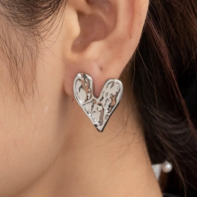 Big Heart Golden Stud Earrings for Women Simple Exaggerated Liquid Irregular Fold Temperament Smooth Creative Jewelry