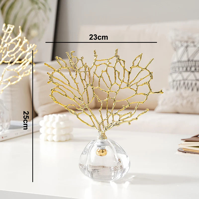 Nordic Luxury Metal Coral Decoration Gold-plated Crystal Base Living Room Exquisite Handicraft Home Furnishings