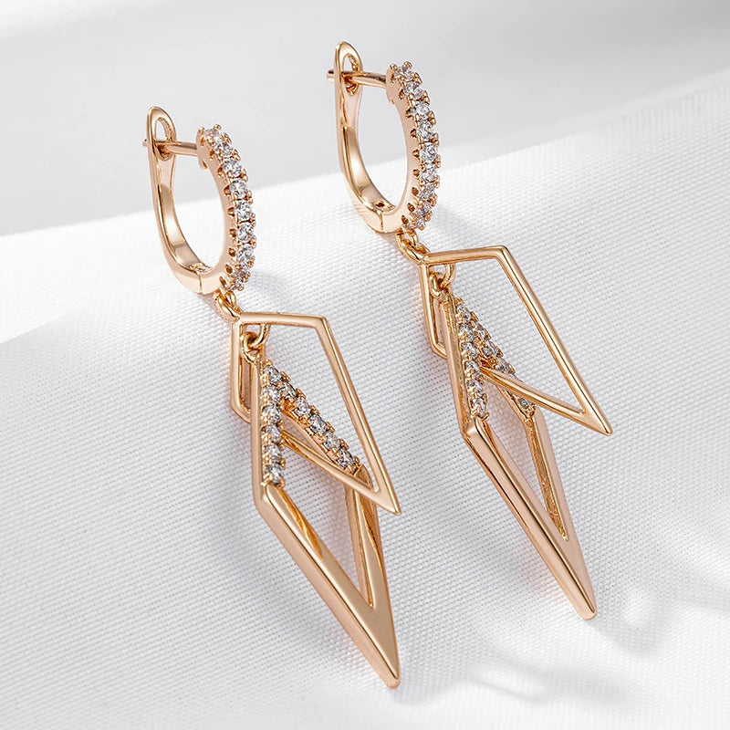 Kinel Fashion Glossy Hollow Rhombus Drop Earring for Women Unusual Natural Zircon 585 Rose Gold Color Daily Fine Ethnic Jewelry