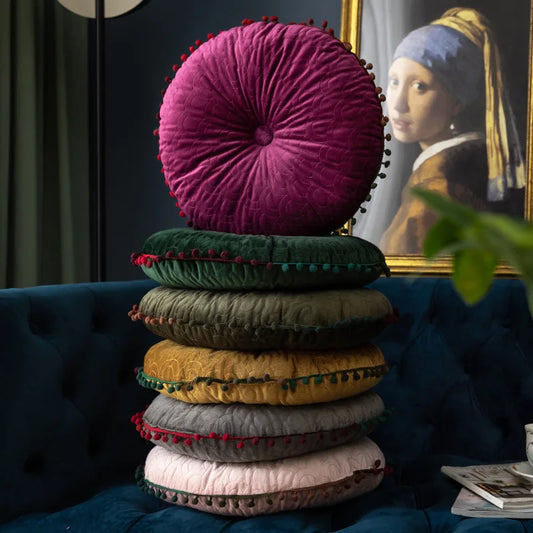 Nordic Style Tassel Dutch Velvet Pleated Round Seat Cushion Pillow Pouf