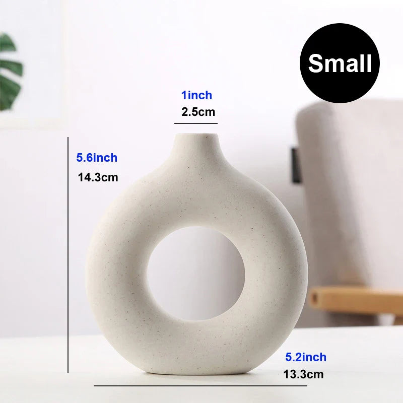 Nordic Ceramic Hollow Donut Vase - Modern Round Flower Pot for Home, Living Room & Office Decor