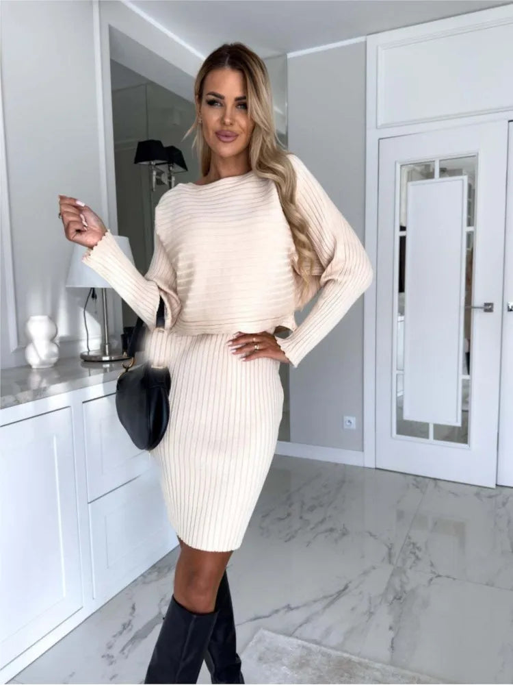 Fashion Long Sleeve Knitted Sweater and Dress Two Piece Sets for Women 2025