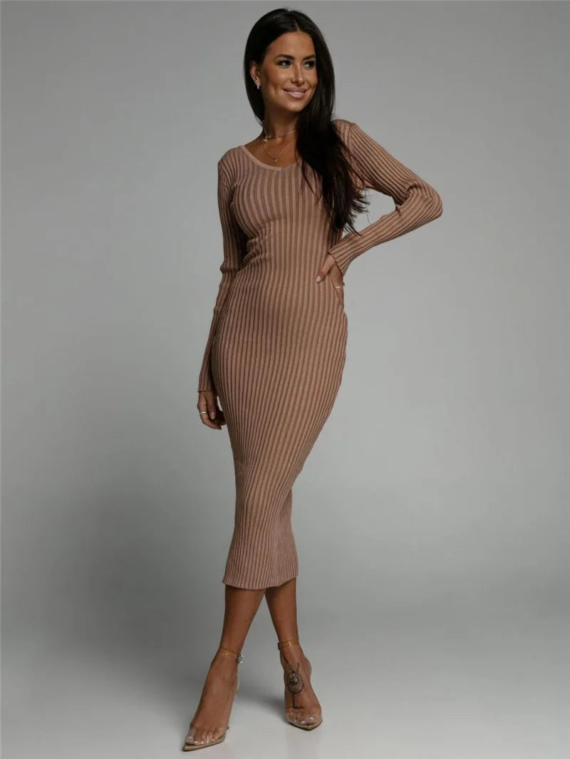 Women's V-Neck Solid Knitted Dress, Comfortable, Casual Clothing, Long Sleeved Dresses, Autumn, Winter, New Fashion