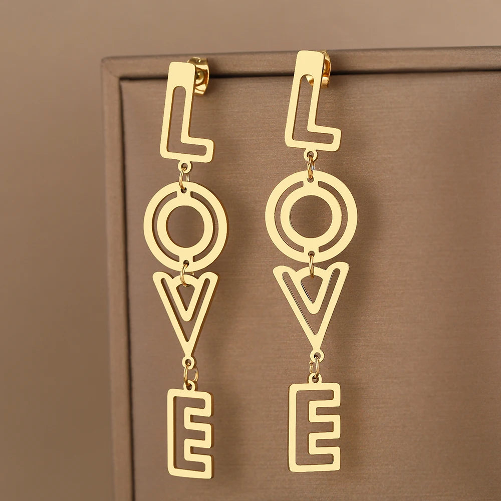 Stainless Steel Earrings 2025 Trend Fine Letters LOVE Hollow Pendants Earrings