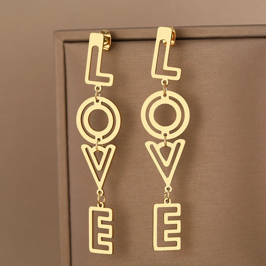 Stainless Steel Earrings 2025 Trend Fine Letters LOVE Hollow Pendants Earrings