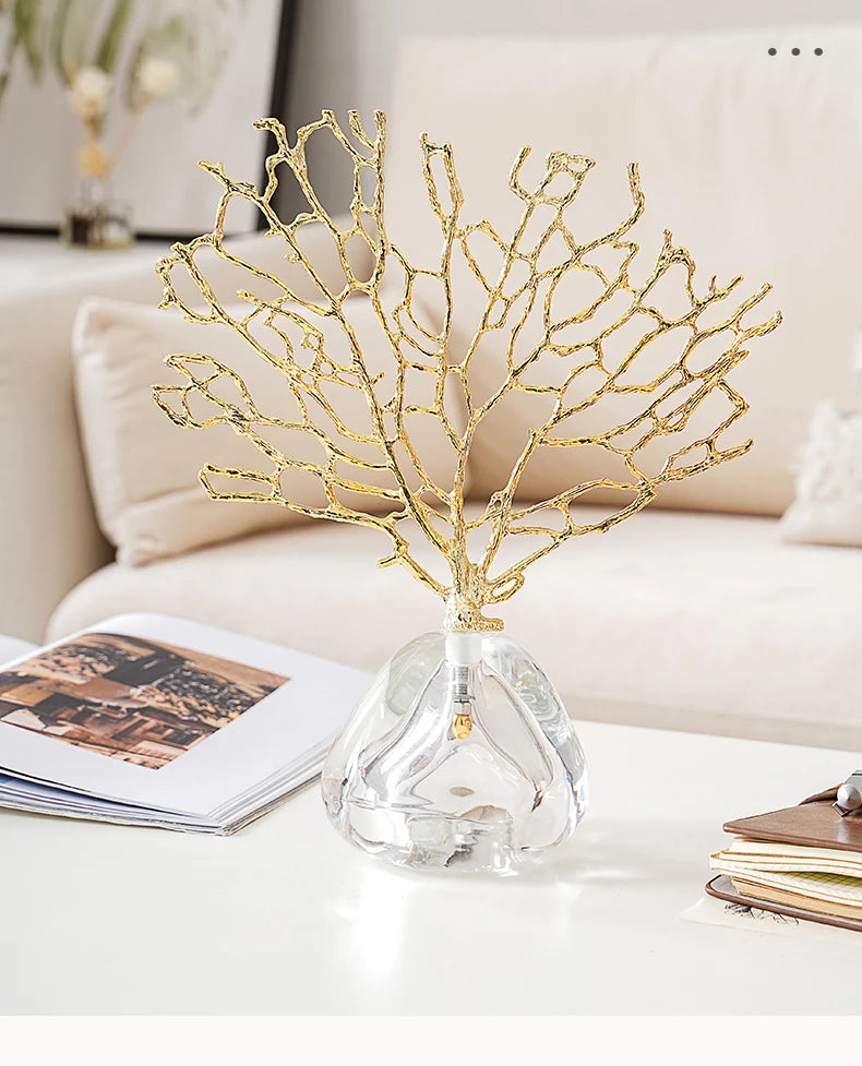 Nordic Luxury Metal Coral Decoration Gold-plated Crystal Base Living Room Exquisite Handicraft Home Furnishings