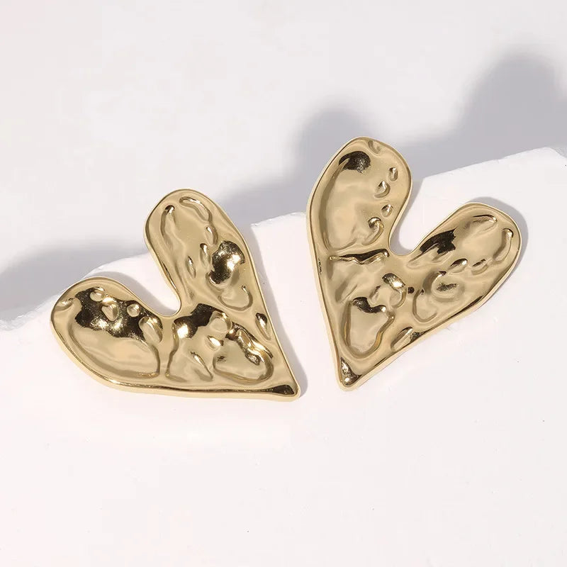 Big Heart Golden Stud Earrings for Women Simple Exaggerated Liquid Irregular Fold Temperament Smooth Creative Jewelry