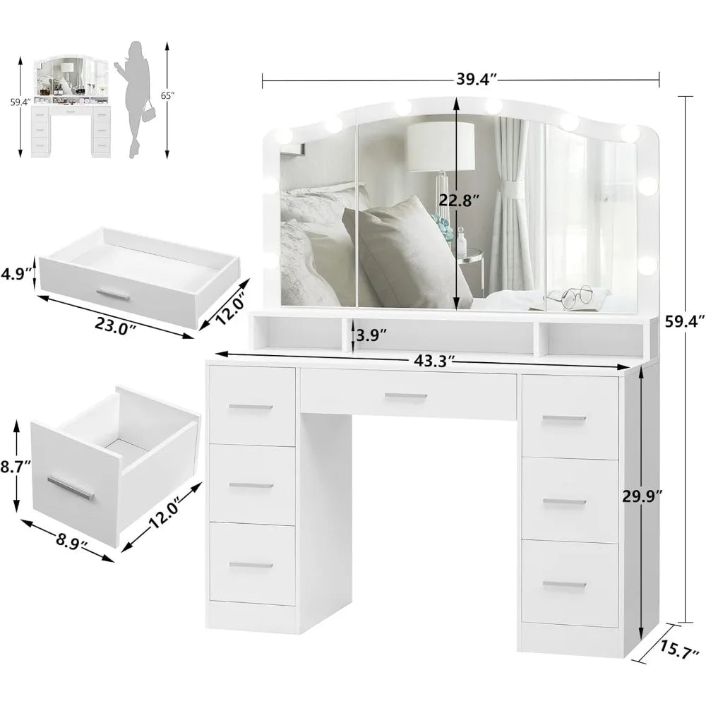 43.3" Vanity Desk with Large Lighted Mirror, 7 Drawers & 10 Lights Bulbs, 3 Lighting Colors, Vanity Table