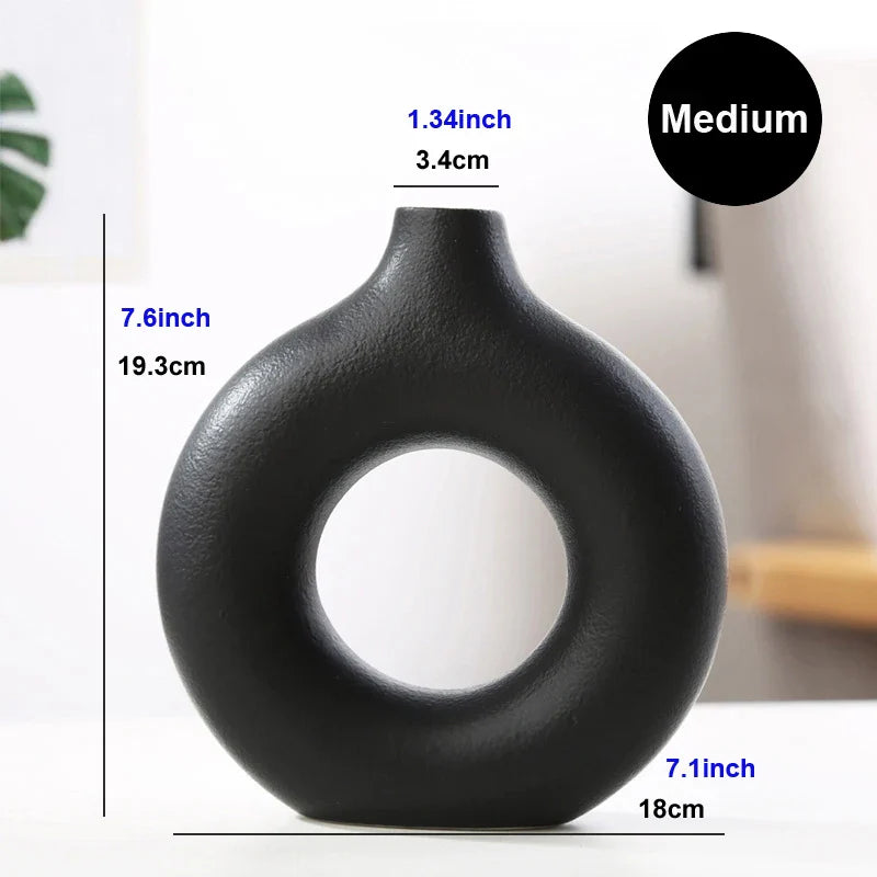 Nordic Ceramic Hollow Donut Vase - Modern Round Flower Pot for Home, Living Room & Office Decor