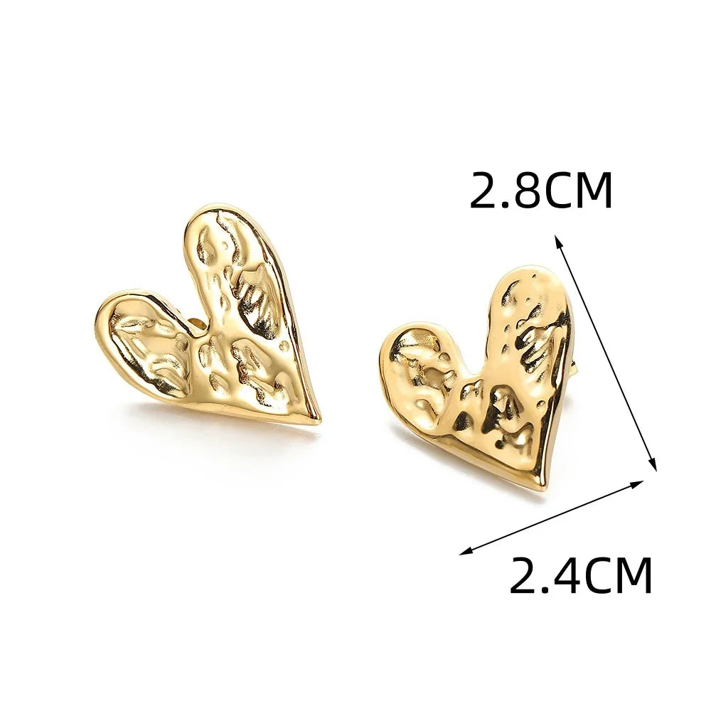 Big Heart Golden Stud Earrings for Women Simple Exaggerated Liquid Irregular Fold Temperament Smooth Creative Jewelry