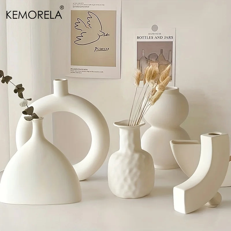 Nordic Ceramic Donut Vase – Hollow Circle Centerpiece Flower Pot for Home, Living Room & Office Desktop Decor Gift