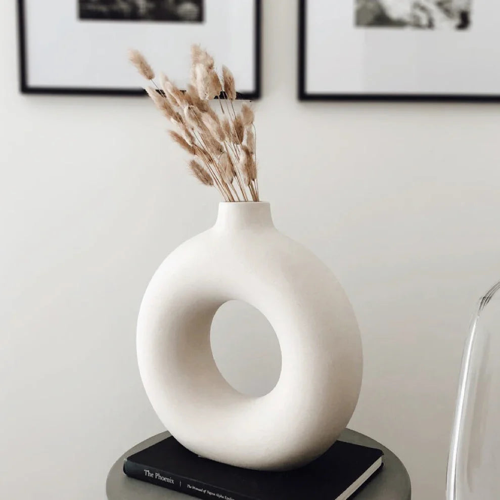 Nordic Ceramic Hollow Donut Vase - Modern Round Flower Pot for Home, Living Room & Office Decor