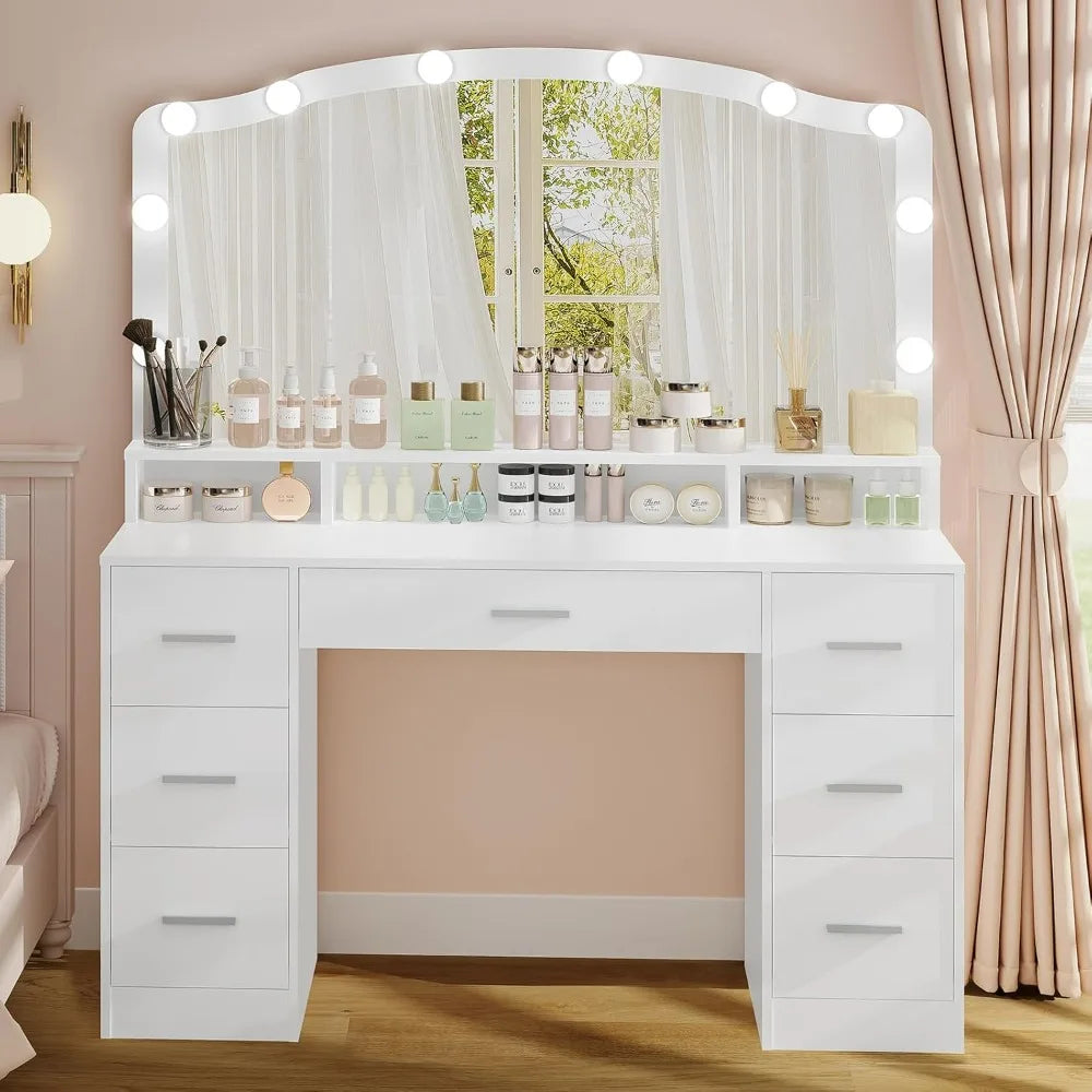 43.3" Vanity Desk with Large Lighted Mirror, 7 Drawers & 10 Lights Bulbs, 3 Lighting Colors, Vanity Table