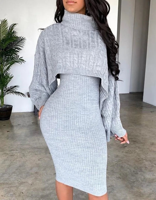 Women's Sweater Dress Set, Solid Turtleneck Ribbed Sweater & Knitted Strap Dress Sets Matching Outfit