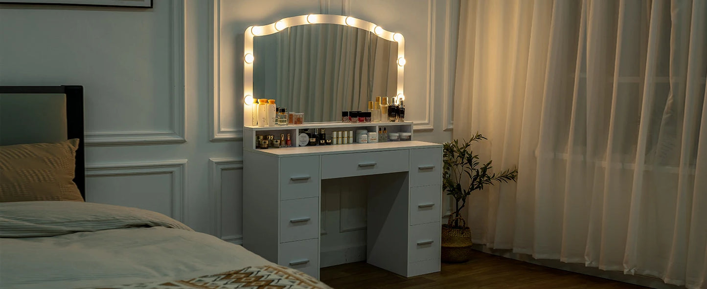 43.3" Vanity Desk with Large Lighted Mirror, 7 Drawers & 10 Lights Bulbs, 3 Lighting Colors, Vanity Table