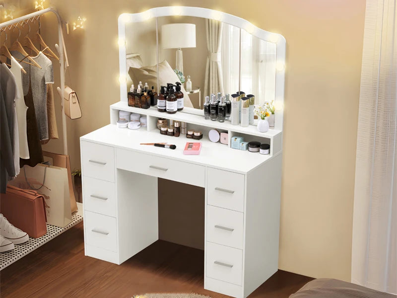 43.3" Vanity Desk with Large Lighted Mirror, 7 Drawers & 10 Lights Bulbs, 3 Lighting Colors, Vanity Table