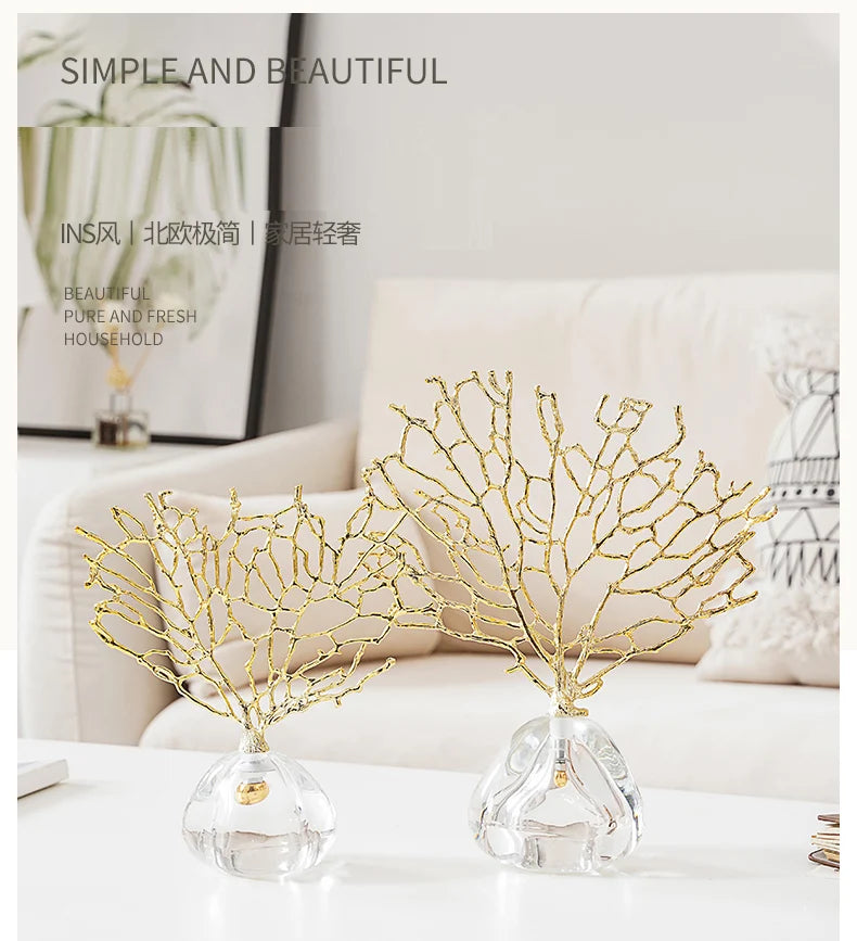 Nordic Luxury Metal Coral Decoration Gold-plated Crystal Base Living Room Exquisite Handicraft Home Furnishings