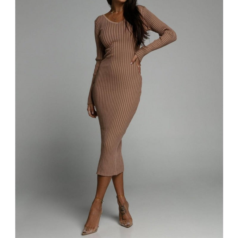 Women's V-Neck Solid Knitted Dress, Comfortable, Casual Clothing, Long Sleeved Dresses, Autumn, Winter, New Fashion