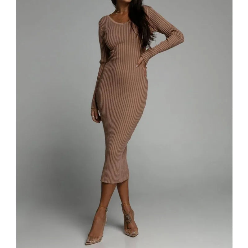 Women's V-Neck Solid Knitted Dress, Comfortable, Casual Clothing, Long Sleeved Dresses, Autumn, Winter, New Fashion