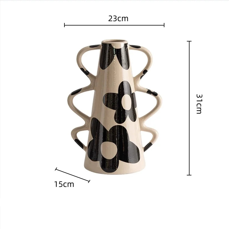 DecorBites™ Geometric Check Pattern Ceramic Vase with Handle for Home Decoration