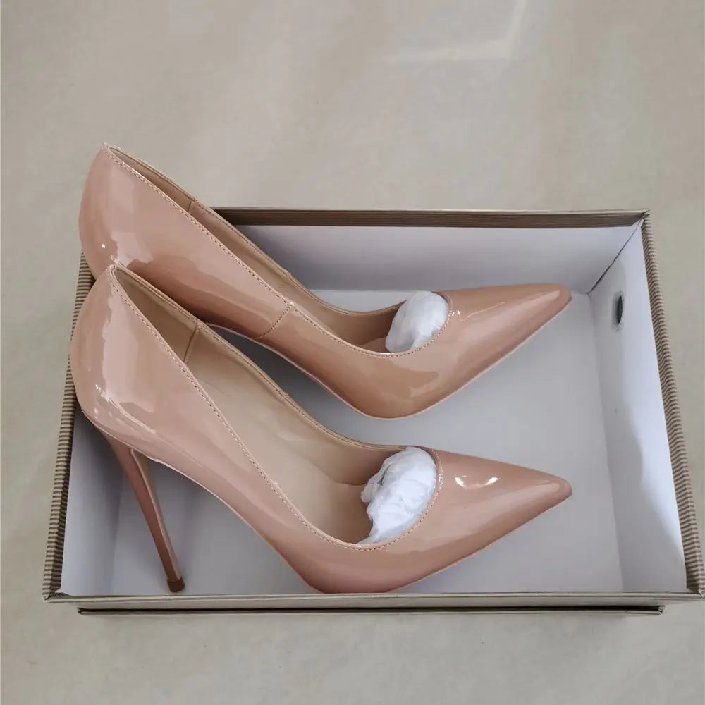 New Nude Shiny Patent Leather Sexy Pumps 12cm High Heel