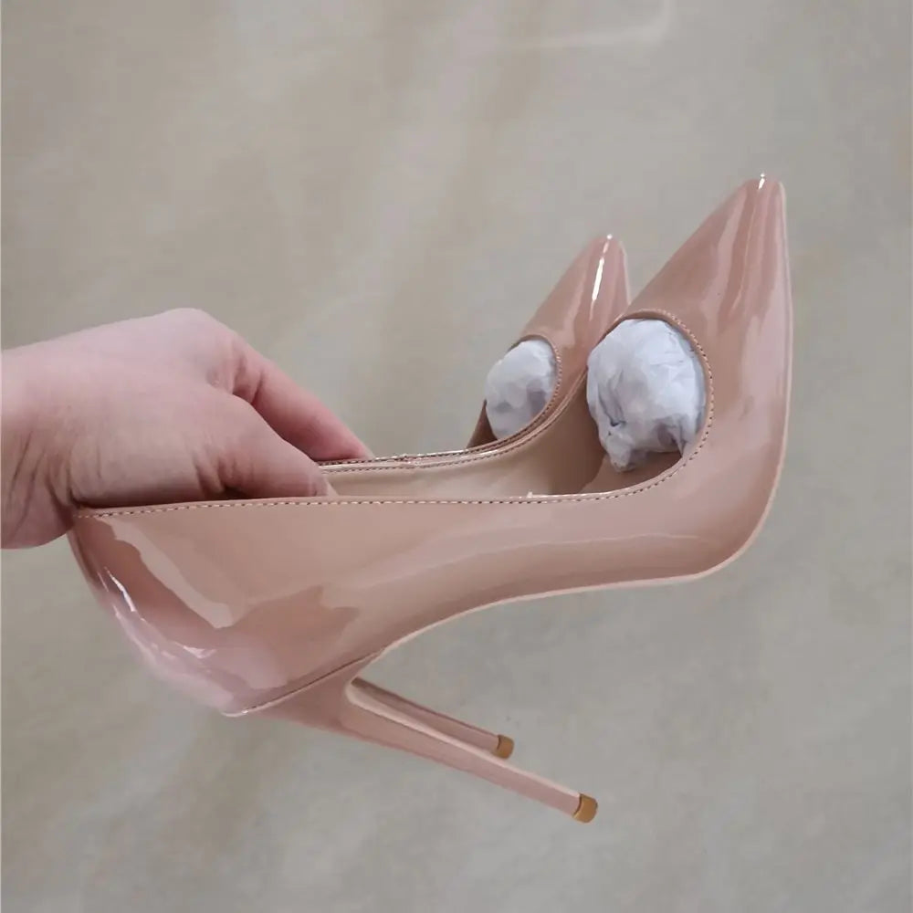 New Nude Shiny Patent Leather Sexy Pumps 12cm High Heel