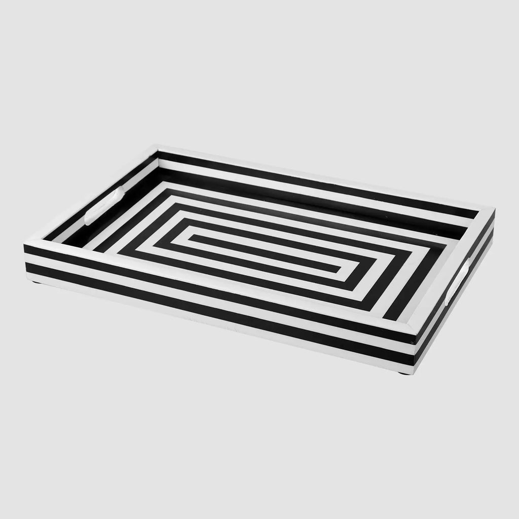Decorative Tray Concentrics Pattern Resin Inlay, Black - White, 11"x17" & 12"x12"