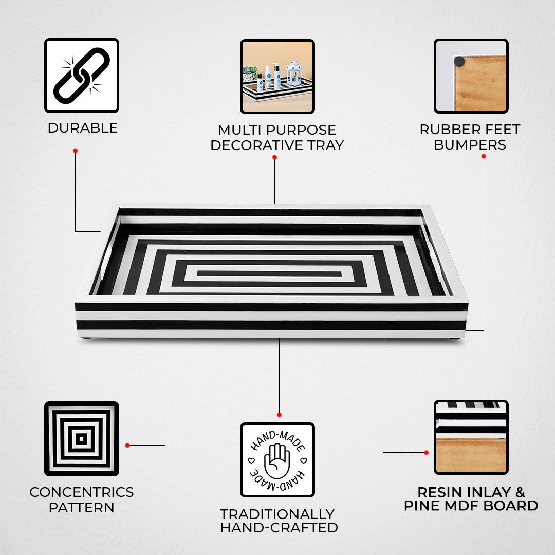 Decorative Tray Concentrics Pattern Resin Inlay, Black - White, 11"x17" & 12"x12"