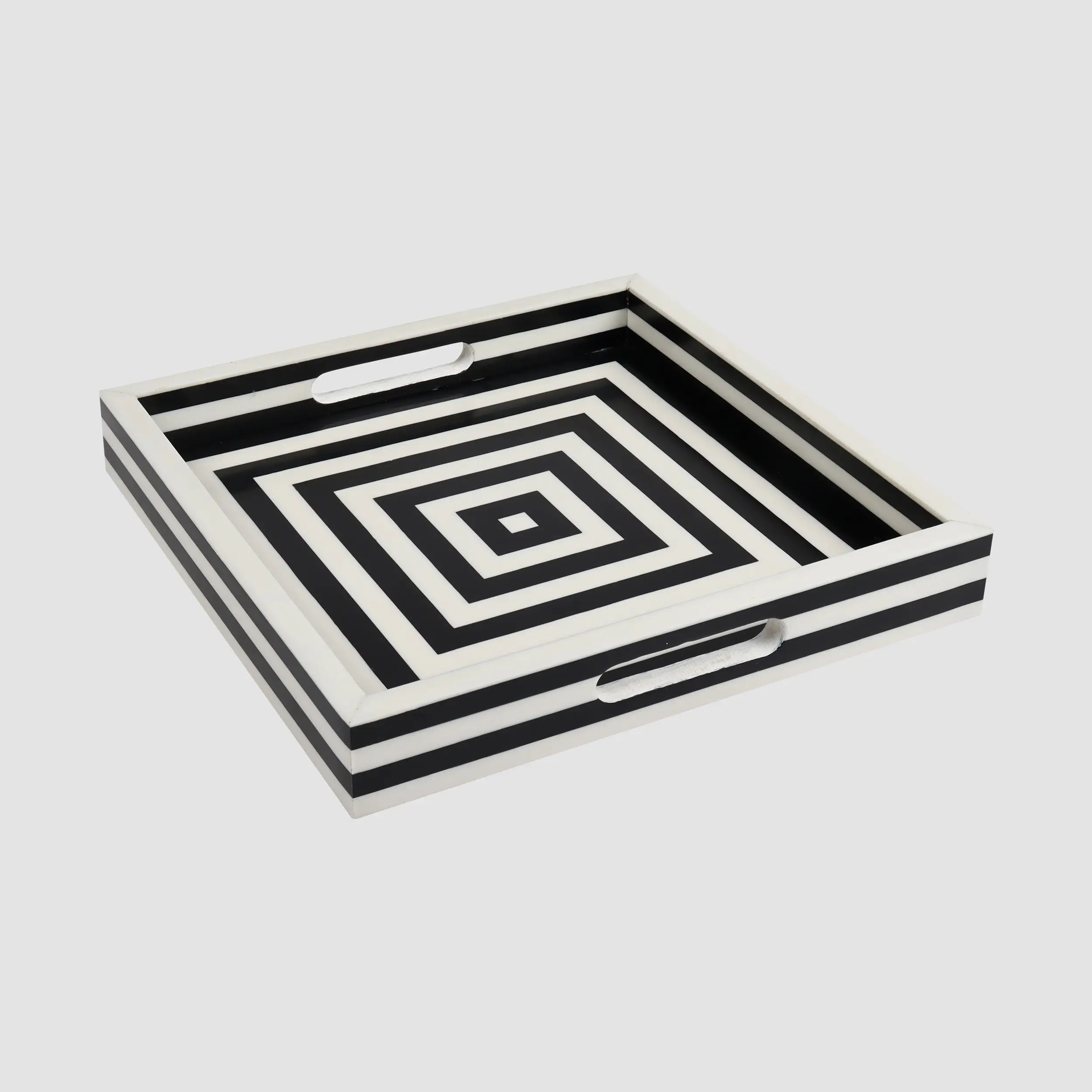 Decorative Tray Concentrics Pattern Resin Inlay, Black - White, 11"x17" & 12"x12"