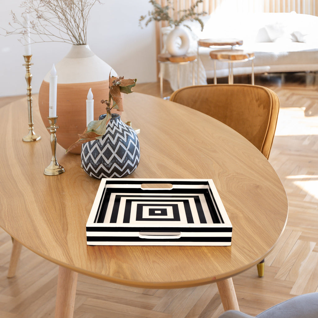 Decorative Tray Concentrics Pattern Resin Inlay, Black - White, 11"x17" & 12"x12"