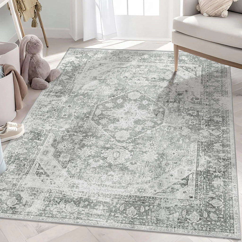 MUJOO Washable Rug 3x5 Area Rugs for Entryway Bedroom Living Room Bathroom Bedside Boho Small Non Slip Throw Carpet Indoor Soft Grey Floral Home Decor