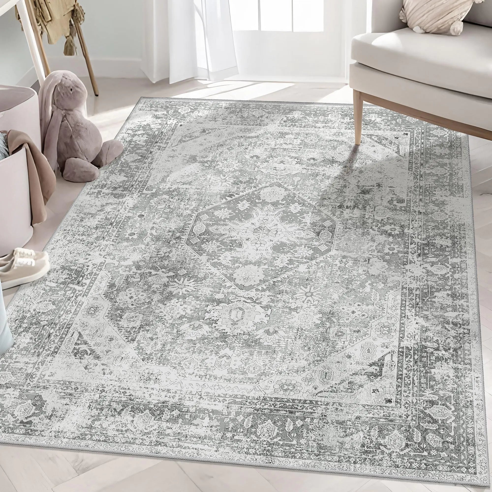 MUJOO Washable Rug 3x5 Area Rugs for Entryway Bedroom Living Room Bathroom Bedside Boho Small Non Slip Throw Carpet Indoor Soft Grey Floral Home Decor