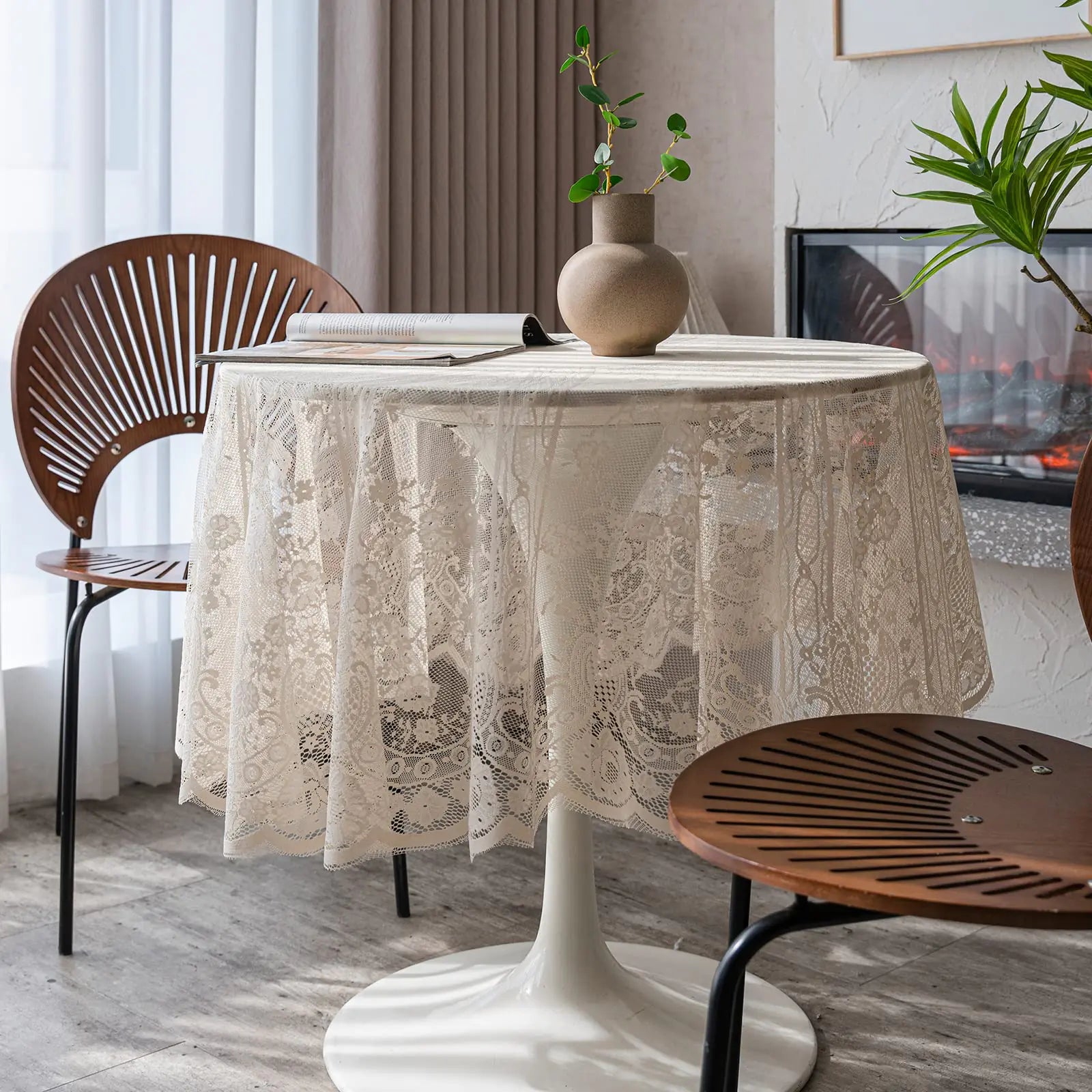 Beige Lace Tablecloth Embroidered Elegant Floral Patterns Table Cloth Round Overlay Table Cover for Wedding Party Holiday Long Dinner Home Decor(Round-75 Beige)