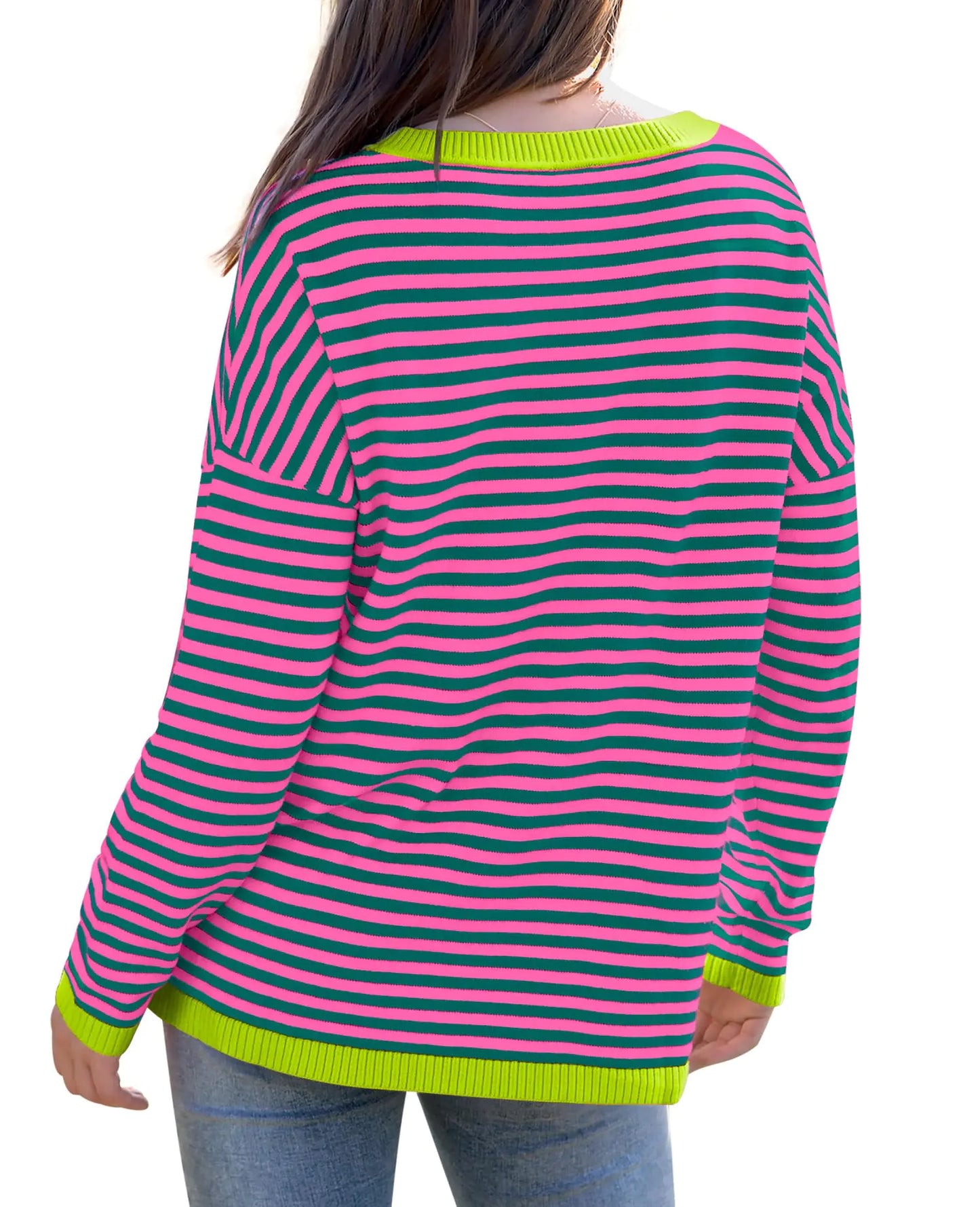 WIHOLL Womens Sweaters Dressy Casual Long Sleeve Tops Round Neck Striped Fashion Large Pink Green Striped With Grass