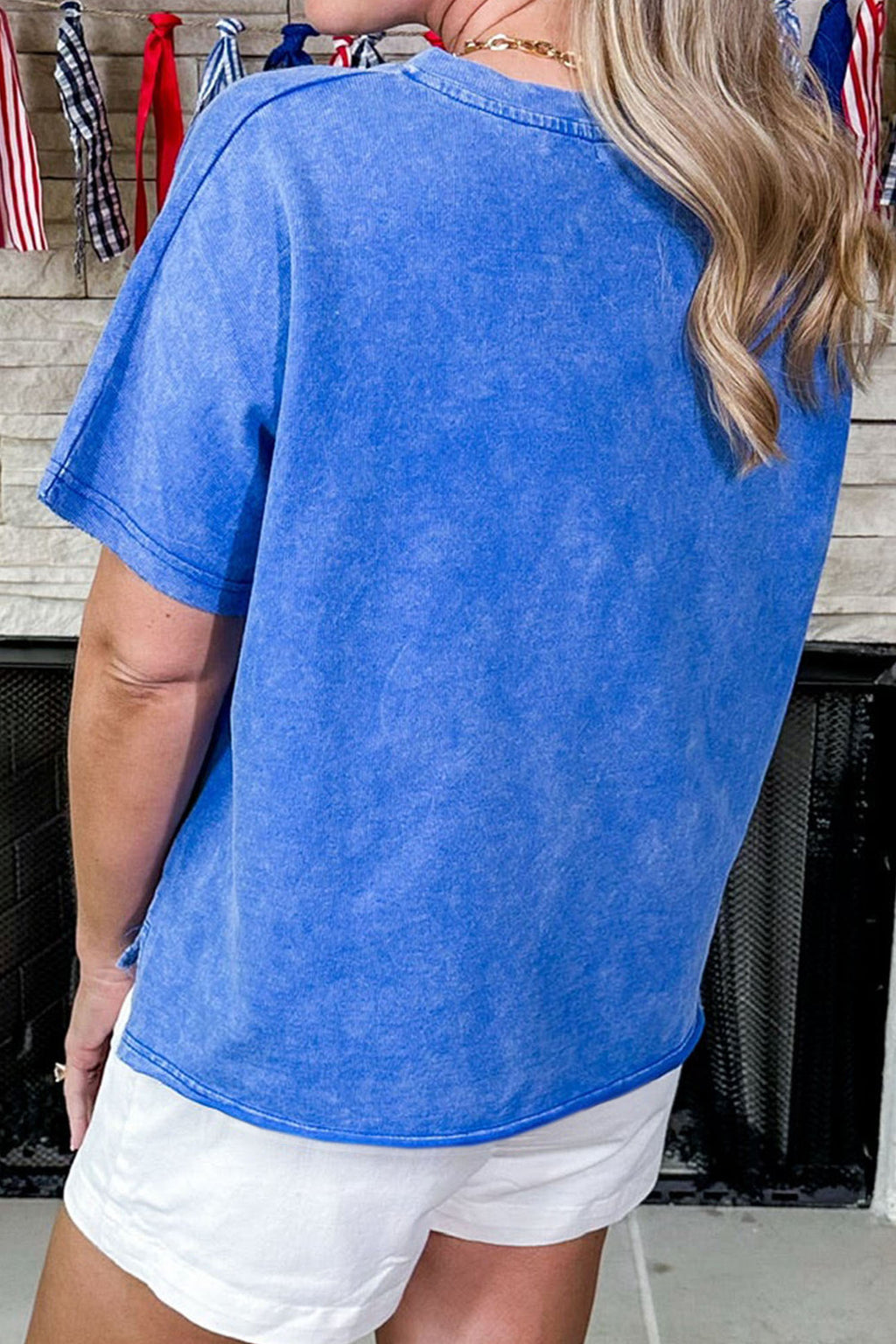 Sky Blue Patriot Star Patched Notched Neck Mineral Washed Tee