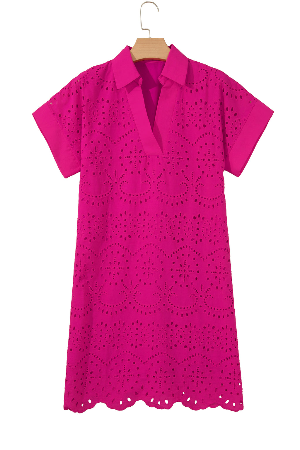Rose Red Solid Color Eyelet Embroidered T Shirt Mini Dress