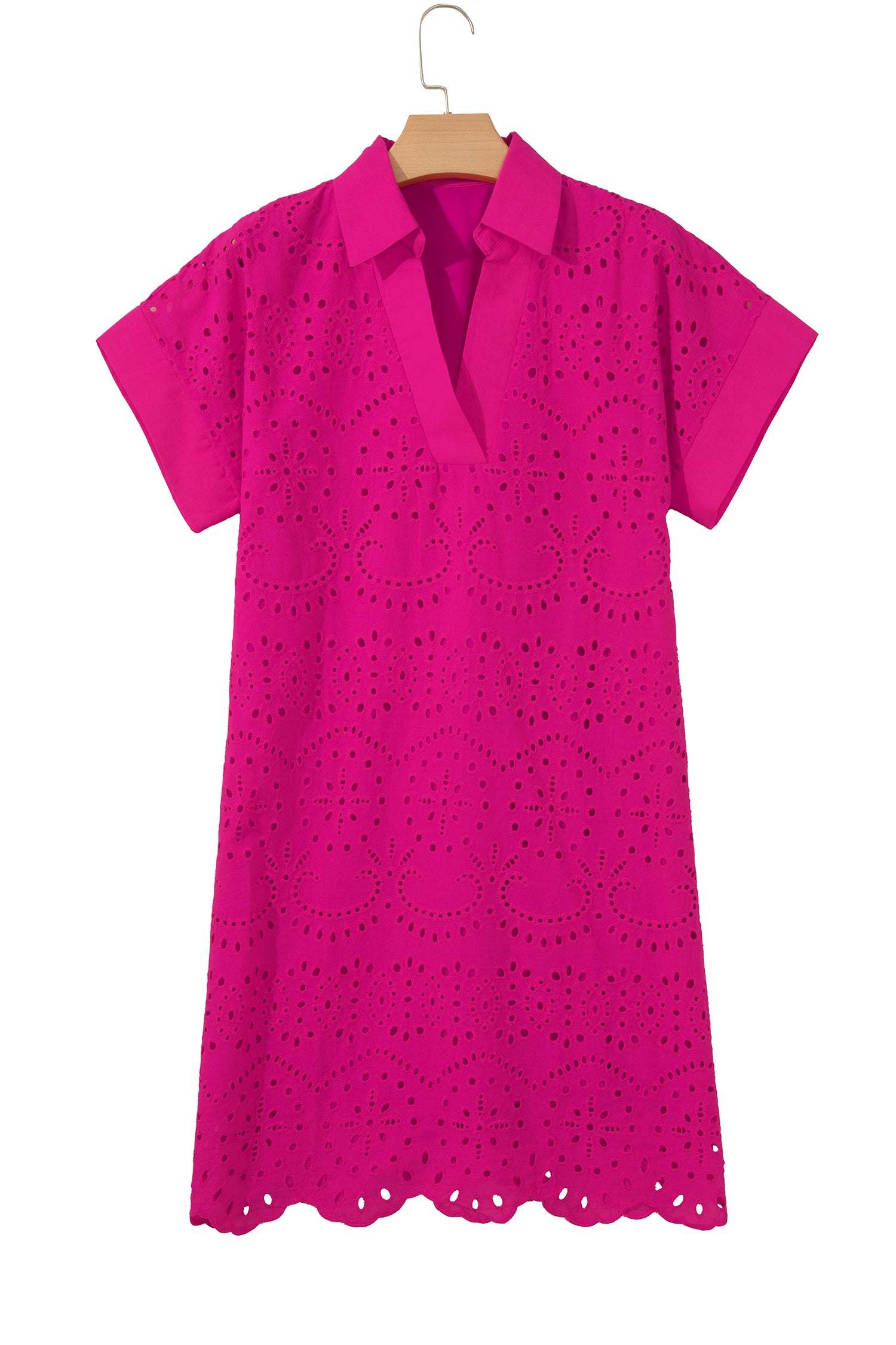 Rose Red Solid Color Eyelet Embroidered T Shirt Mini Dress