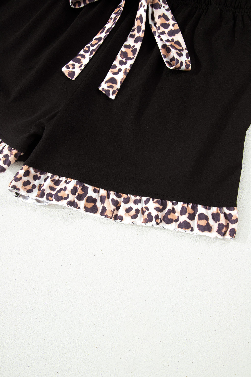 Black Leopard Patchwork Trim Lapel Shirt Drawstring Shorts 2pcs Pajama Set