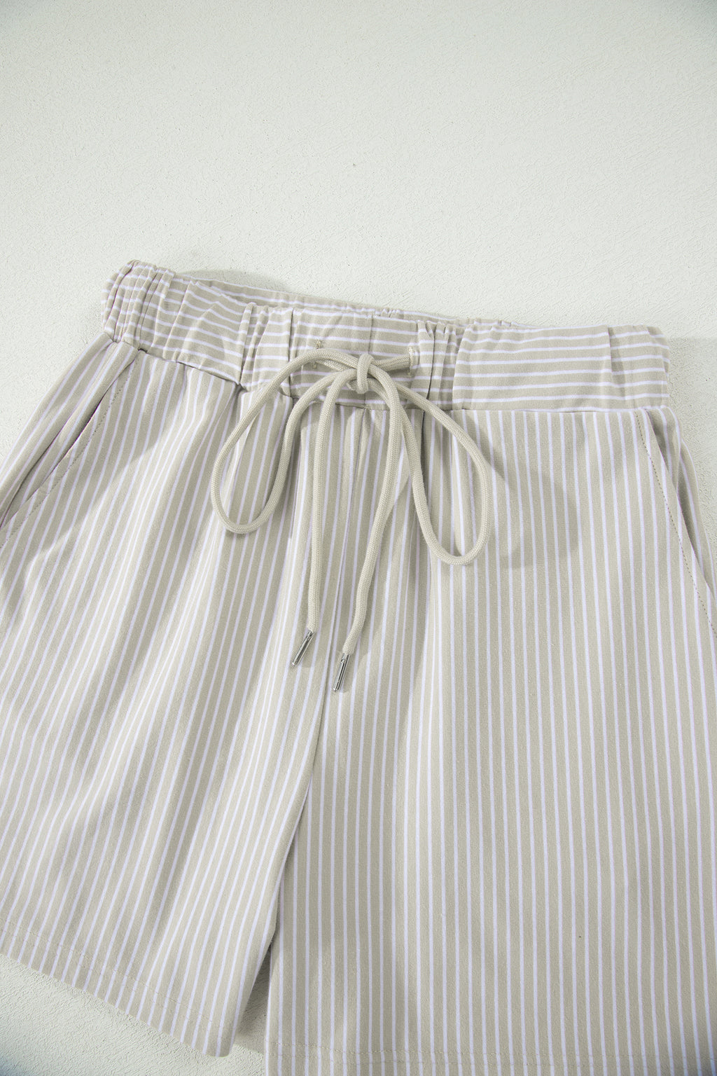 Khaki Stripe Dolman Sleeve Polo Shirt and Drawstring Shorts Set