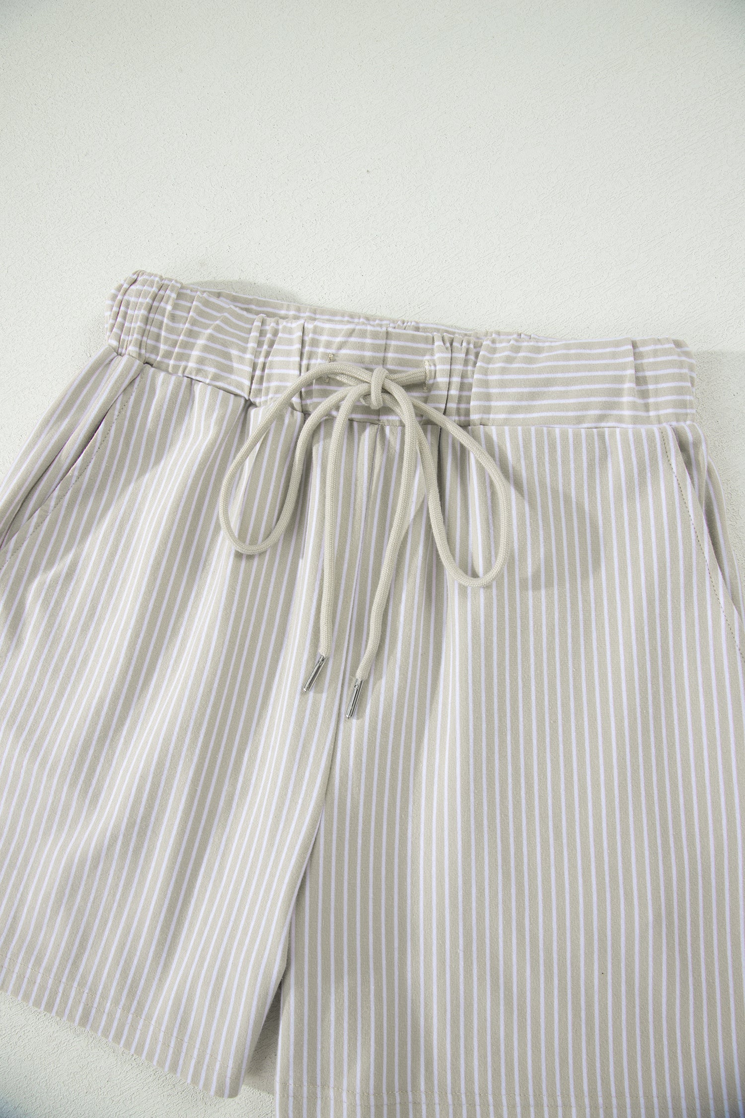 Khaki Stripe Dolman Sleeve Polo Shirt and Drawstring Shorts Set